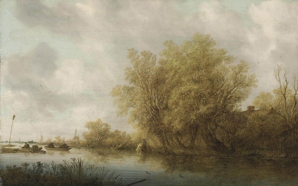 A river landscape with sportsmen duck shooting from a boat by Salomon van Ruysdael